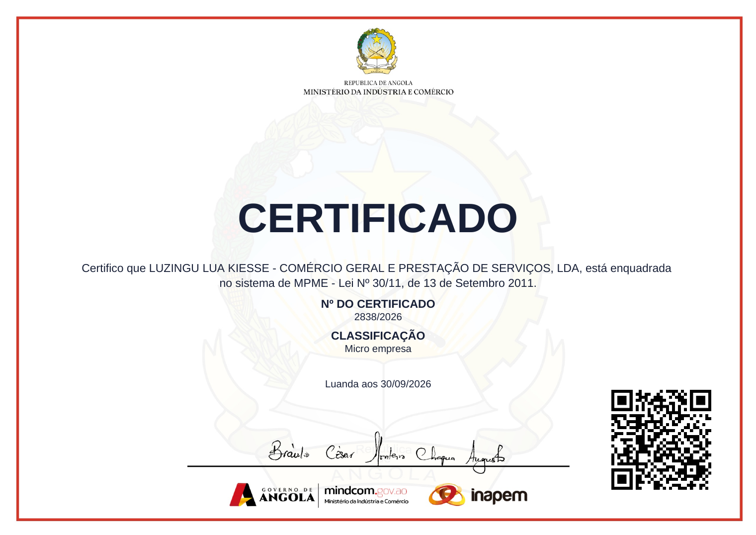Certificado do INAPEM n.º 2838/2026: a Luzingu Lua Kiesse - Comércio Geral e Prestação de Serviços, Lda está enquadrada no sistema de MPME, Lei n.º 30/11, classificação Micro empresa, Luanda, 30/09/2026